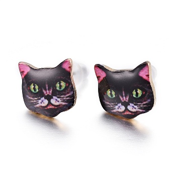 Real 14K Gold Plated Alloy Kitten Stud Earrings, with Enamel and Environment Stainless Steel Pin, Printed, Cat Pattern, Black, 10~10.5x10.5~11mm, pin: 0.7mm