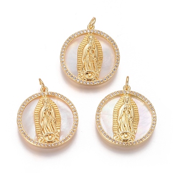 Brass Pendants, with Micro Pave Cubic Zirconia, Shell and Jump Rings, Flat Round with Virgin Mary, Clear, Golden, 25x22x3mm, Hole: 3mm