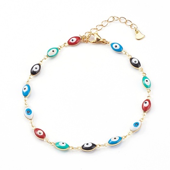 Brass Enamel Evil Eye Anklets, with 304 Stainless Steel Lobster Claw Clasps, Golden, Colorful, 8-5/8 inch(22cm)