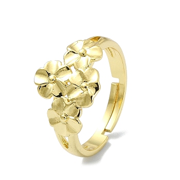 Brass Adjustable Rings, Flower, Real 18K Gold Plated, US Size 7 1/4(17.5mm)