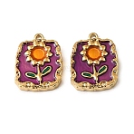 304 Stainless Steel Enamel Pendants, Rectangle with Flower Pattern Charms, with ABS Imitation Pearl Beads, Real 18K Gold Plated, Ion Plating(IP), Purple, 18.5x14x4.5mm, Hole: 1.2mm(STAS-I371-09G-01)