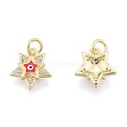 Brass Micro Pave Clear Cubic Zirconia Charms, with Enamel and Jump Rings, Real 18K Gold Plated, Nickel Free, Star with Evil Eye, Red, 13x11.5x2.5mm, Jump Ring: 5mm in diameter, 1mm thick, 3mm thick(KK-N227-107C)