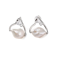925 Sterling Silver Studs Earring, with Cubic Zirconia and Natural Pearl, Platinum, 19.5x15mm(EJEW-H002-01P)