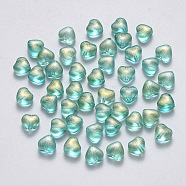 Transparent Spray Painted Glass Beads, with Glitter Powder, Heart, Medium Sea Green, 6x6x4mm, Hole: 0.7mm(X-GLAA-R211-02-B05)