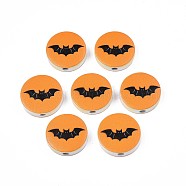 Halloween Printed Natural Wood Beads, Flat Round with Bat Pattern, Dark Orange, 19~20x5.9mm, Hole: 2~2.2mm(WOOD-T021-72)