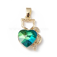 Real 18K Gold Plated Rack Plating Brass Micro Pave Clear Cubic Zirconia Pendants, with Glass, Long-Lasting Plated, Cadmium Free & Lead Free, Cat with Heart Charm, Light Sea Green, 24x15x8mm, Hole: 5x3mm(KK-C015-04G-04)
