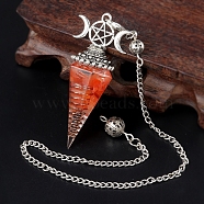 Natural Red Agate Chip & Resin Orgonite Dowsing Pendulum Big Pendants, with Platinum Plated Metal Triple Moon Pentagram, Hexagonal Cone Charm Charm, 300mm(PW-WG36861-01)