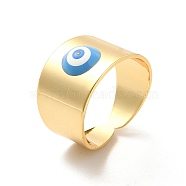 Enamel Evil Eye Open Cuff Rings, Real 18K Gold Plated Brass Jewelry for Women, Deep Sky Blue, US Size 7 1/4(17.5mm)(RJEW-P042-02G-01)