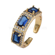 Cubic Zirconia Rectangle Open Cuff Ring, Real 18K Gold Plated Brass Jewelry for Women, Nickel Free, Medium Blue, US Size 6 3/4(17.1mm)(RJEW-N035-125A)