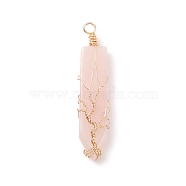 Natural Rose Quartz Big Pendants, with Golden Tone Copper Wire Wrapped, Sword with Tree, 63.5x14x10mm, Hole: 4.4mm(PALLOY-JF01557-03)