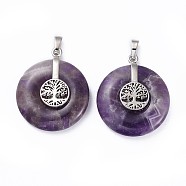 Natural Amethyst Pendants, with Platinum Tone Brass Findings, Donut/Pi Disc with Tree of Life, 35.5x30x8.5~9.5mm, Hole: 4.5x6.5mm(X-G-F640-E06)