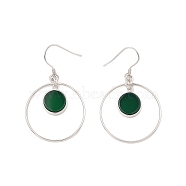 Natural Green Onyx Agate Flat Round Dangle Earrings, Real Platinum Plated Rhodium Plated 925 Sterling Silver Earrings, 46x27.5mm(EJEW-Z024-11A-P)