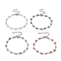Enamel Heart with Evil Eye Link Chains Bracelet, 304 Stainless Steel Jewelry for Women, Stainless Steel Color, Mixed Color, 6-7/8 inch(17.5cm)(BJEW-P271-07P)