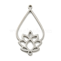 Tarnish Resistant 304 Stainless Steel Connector Charms, Teardrop Links with Lotus, Stainless Steel Color, 27.5x14.5x1mm, Hole: 1.2mm(STAS-Q255-01P)