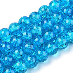Spray Painted Crackle Transparent Glass Beads Strands, Round, Deep Sky Blue, 10mm, Hole: 1.3~1.6mm, about 80pcs/strand, 31.4 inch(CCG-Q001-10mm-06-A)