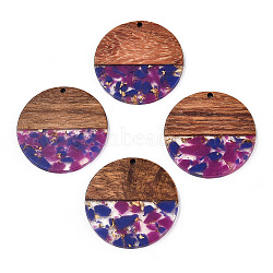 Transparent Resin & Walnut Wood Pendants, with Gold Foil, Flat Round Charms, Dark Orchid, 38.5x3mm, Hole: 2mm(RESI-TAC0017-75-A05)