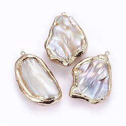 Electroplate Natural Baroque Pearl Keshi Pearl Big Pendants, Cultured Freshwater Pearl, with Brass Findings, Nuggets, Golden, 37~58x27~42x12~14mm, Hole: 1.8mm(PEAR-F010-02G)