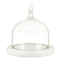 Glass Microlandschaft Covers, Glass Rabbit Cover, Decorative Display Case, Cloche Bell Jar Terrarium with Wood Base, for DIY Preserved Flower Gift, White, 116.5x123mm, Base: 116.5x15.5mm(DJEW-WH0039-48B)