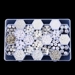 DIY 24 Style Acrylic & Resin Beads Jewelry Making Finding Kit, Round & Rice, White, 2.2~12x1.5~11.5mm, Hole: 0.7~2.2mm(DIY-NB0012-01J)