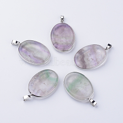 Natural Fluorite Massage Pendants, with Brass Findings, Oval, Platinum, 40x26~27x5~6mm, Hole: 6x3mm(G-R413-11)