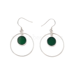 Natural Dyed & Heated Green Onyx Agate Flat Round Dangle Earrings, Real Platinum Plated Rhodium Plated 925 Sterling Silver Earrings, 46x27.5mm(EJEW-Z024-11A-P)