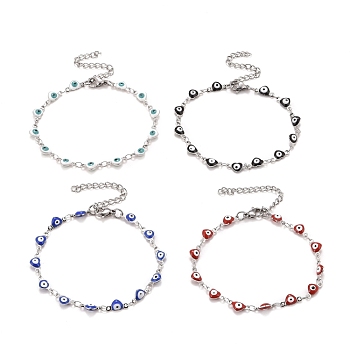 Enamel Heart with Evil Eye Link Chains Bracelet, 304 Stainless Steel Jewelry for Women, Stainless Steel Color, Mixed Color, 6-7/8 inch(17.5cm)