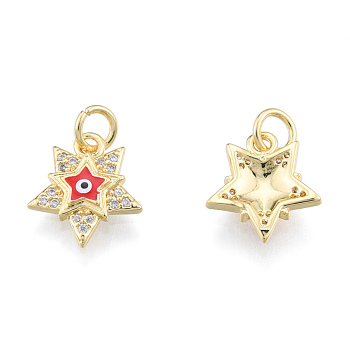 Brass Micro Pave Clear Cubic Zirconia Charms, with Enamel and Jump Rings, Real 18K Gold Plated, Nickel Free, Star with Evil Eye, Red, 13x11.5x2.5mm, Jump Ring: 5mm in diameter, 1mm thick, 3mm thick