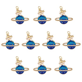 10Pcs Eco-Friendly Brass Micro Pave Cubic Zirconia Pendants, with Enamel, Long-Lasting Plated, Lead Free & Cadmium Free & Nickel Free, Real 18K Gold Plated, Planet, Colorful, 23x25x5mm, Jump Ring: 5x0.5mm, 3mm Inner Diameter