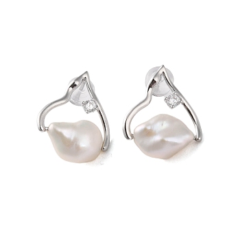925 Sterling Silver Studs Earring, with Cubic Zirconia and Natural Pearl, Platinum, 19.5x15mm