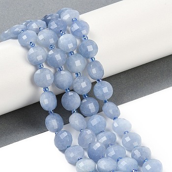 Natural White Jade Beads Strands, Dyed, Imitation Aquamarine, Faceted, Flat Round, with Seed Beads, Light Steel Blue, 9.5~10x5~6mm, Hole: 1mm, about 32~34pcs/strand, 15.75~14.96''(38~40cm)