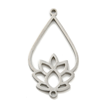 304 Stainless Steel Connector Charms, Teardrop Links with Lotus, Stainless Steel Color, 27.5x14.5x1mm, Hole: 1.2mm