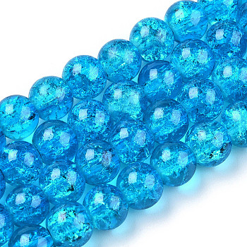 Spray Painted Crackle Transparent Glass Beads Strands, Round, Deep Sky Blue, 10mm, Hole: 1.3~1.6mm, about 80pcs/strand, 31.4 inch