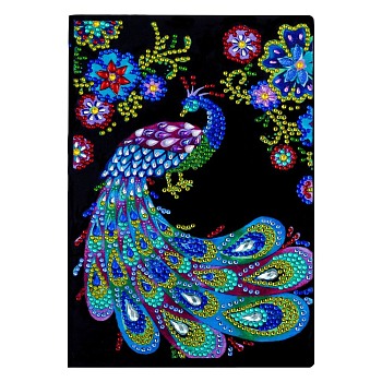 DIY Diamond Painting Notebook Kits, including PU Leather Book, Resin Rhinestones, Diamond Sticky Pen, Tray Plate and Glue Clay, Peacock Pattern, 210x150mm, 50 pages/book