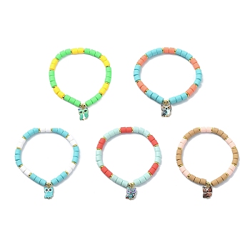Polymer Clay Column Beaded Stretch Bracelets, with Alloy Owl Charms, Mixed Color, Inner Diameter: 2-1/4 inch(5.7cm)
