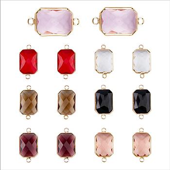 14Pcs 7 Colors Golden Plated Brass Pave Glass Connector Charms, Faceted Rectangle Links, Mixed Color, 25.5x13.5x6.5mm, Hole: 2mm, 2pcs/color