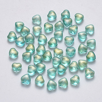 Transparent Spray Painted Glass Beads, with Glitter Powder, Heart, Medium Sea Green, 6x6x4mm, Hole: 0.7mm
