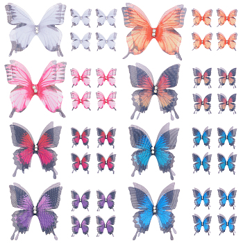 SUNNYCLUE 80Pcs 8 Colors Artificial 2-Layer Fibre Tulle Ornament Accessories, 3D Craft Organza Butterfly, with Crystal Rhinestone, Mixed Color, 45x37x3mm, 10pcs/color