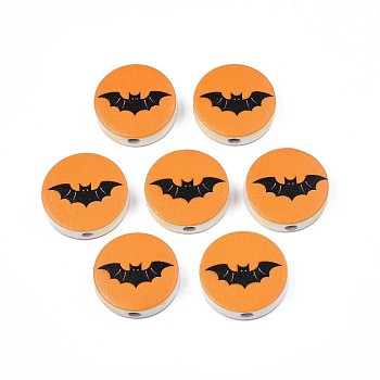 Halloween Printed Natural Wood Beads, Flat Round with Bat Pattern, Dark Orange, 19~20x5.9mm, Hole: 2~2.2mm