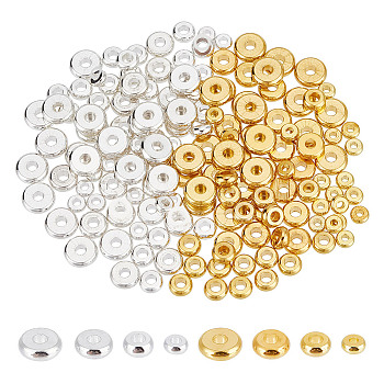 160Pcs 8 Styles Flat Round Brass Spacer Beads, Golden & Silver, 4~7x1.5~2mm, Hole: 1.5~2mm, 20pcs/style