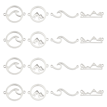 16Pcs 4 Styles 201 & 304 Stainless Steel Connector Charms, Ring & Wave & Flat Round & Massif, Stainless Steel Color, 6~29x7.5~21x1~2mm, Hole: 1.2~1.4mm, 4pcs/style