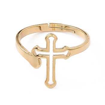 Ion Plating(IP) 201 Stainless Steel Hollow Out Cross Adjustable Ring for Women, Real 18K Gold Plated, US Size 6 1/4(16.7mm)