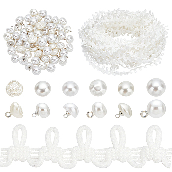 Elite Ornament Accessories Kits, Including Resin & Plastic Imitation Pearl Shank Buttons, with Polyester Elastic Cord with Loops, White