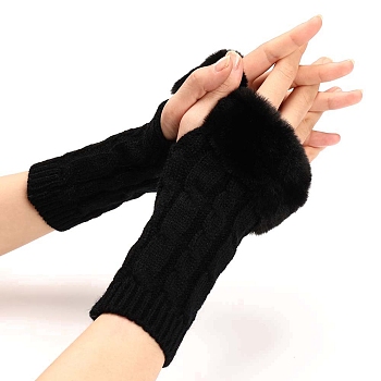 Acrylic Fibers Knitting Fingerless Gloves, Arm Warmer, Winter Warm Gloves with Thumb Hole, Black, 210x60mm