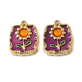 304 Stainless Steel Enamel Pendants, Rectangle with Flower Pattern Charms, with ABS Imitation Pearl Beads, Real 18K Gold Plated, Ion Plating(IP), Purple, 18.5x14x4.5mm, Hole: 1.2mm