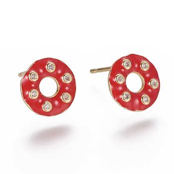 Brass Micro Pave Cubic Zirconia Ear Studs, with Enamel, Donut, Clear, Golden, Red, 9.5~10mm, Pin: 0.7mm