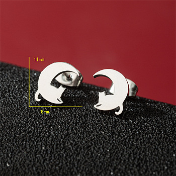 Stainless Steel Moon & Cat Shape Stud Earrings, Stainless Steel Color, 11x8mm