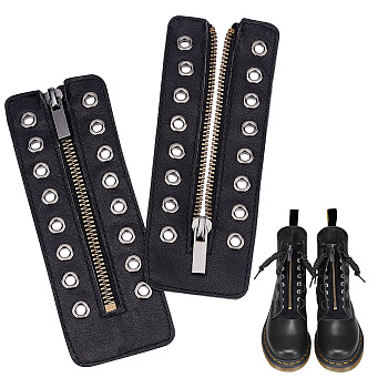 PU Leather Lace-in Boot Zipper Inserts, Tieless Shoe Laces, with Brass Zipper, Alloy Puller, for Boots, Black, 165x60x4mm, Hole: 5mm