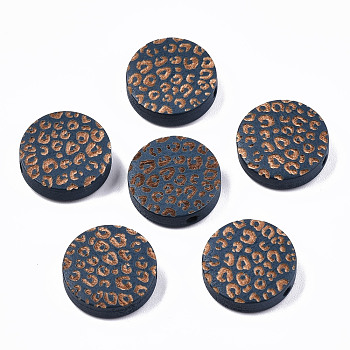 Painted Natural Wood Beads, Laser Engraved Pattern, Flat Round with Leopard Print, Marine Blue, 15x4.5mm, Hole: 1.5mm