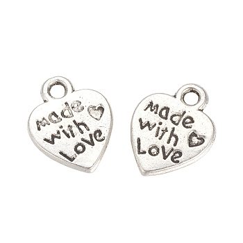 Tibetan Style Alloy Pendants, Heart with Word Made with love, For Valentine's Day, Cadmium Free & Lead Free, Antique Silver, 12.5x10x2mm, Hole: 2mm