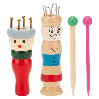 Nbeads Wooden Spool Knitting Loom, Doll Shaped, with Knitting Needle, Mixed Color, 36~115x11.5~33mm, Hole: 9.3~11.5mm